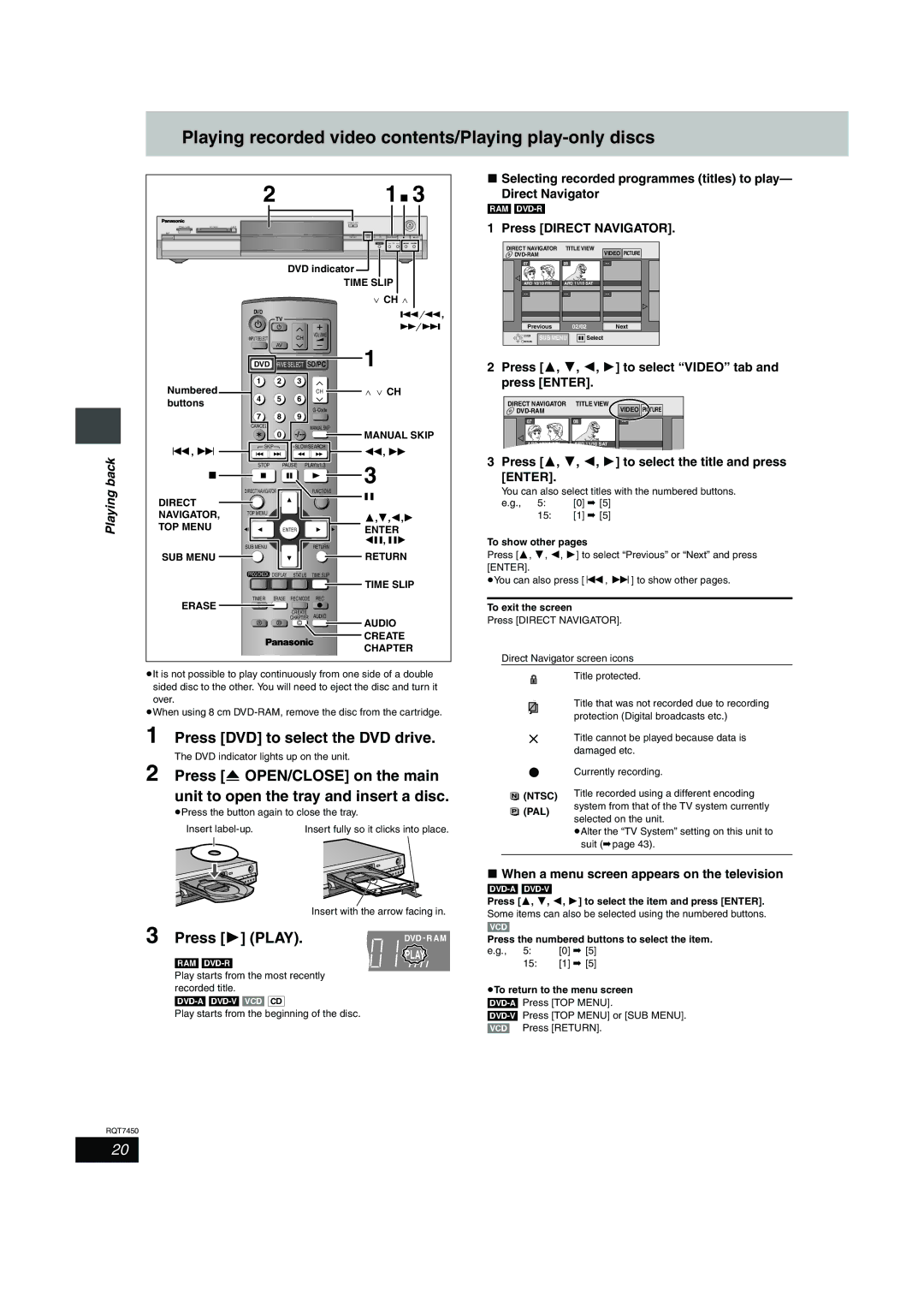 Panasonic DMR-E65 manual Playing recorded video contents/Playing play-only discs 