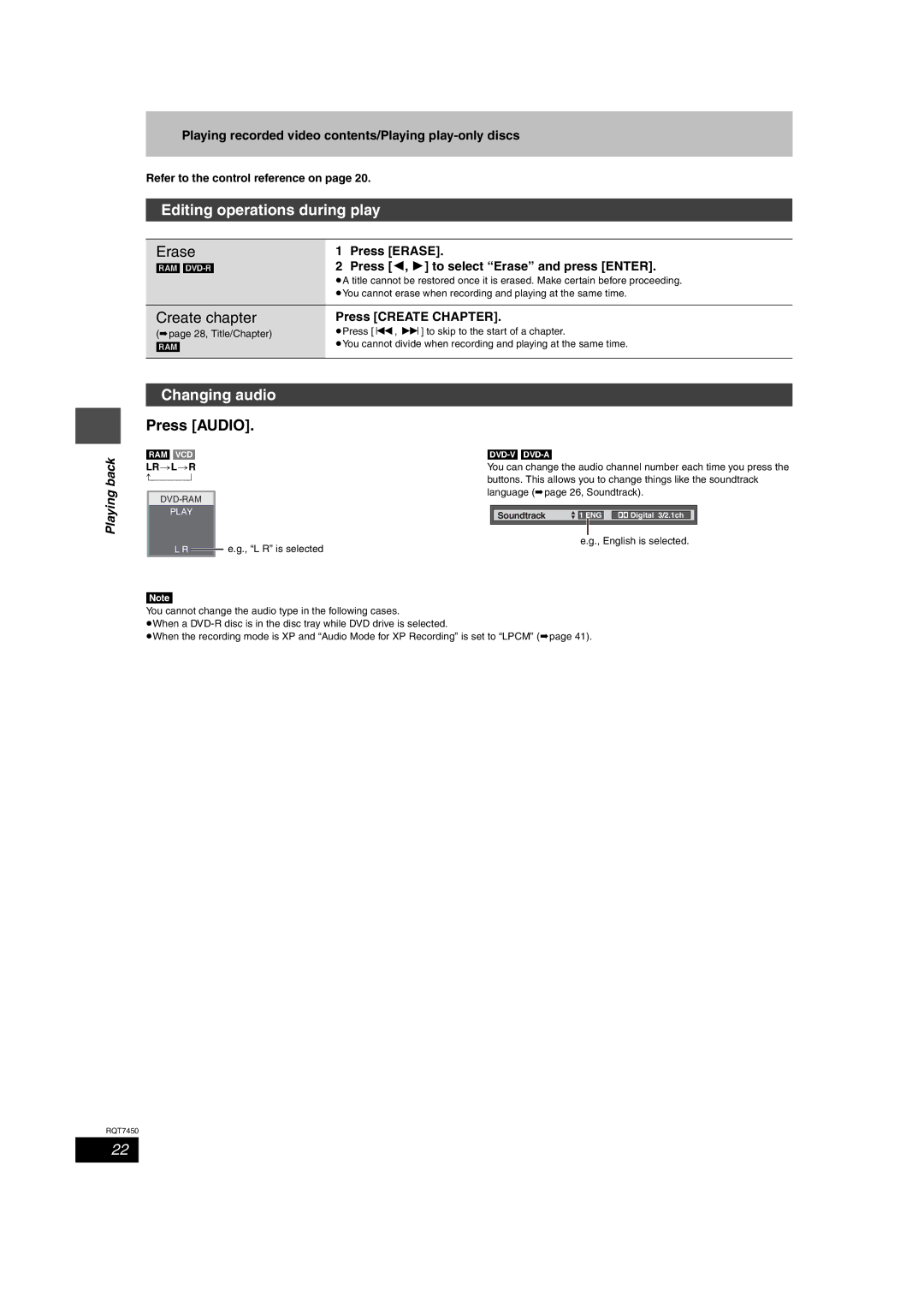 Panasonic DMR-E65 manual Editing operations during play, Erase, Create chapter, Changing audio, Press Audio 