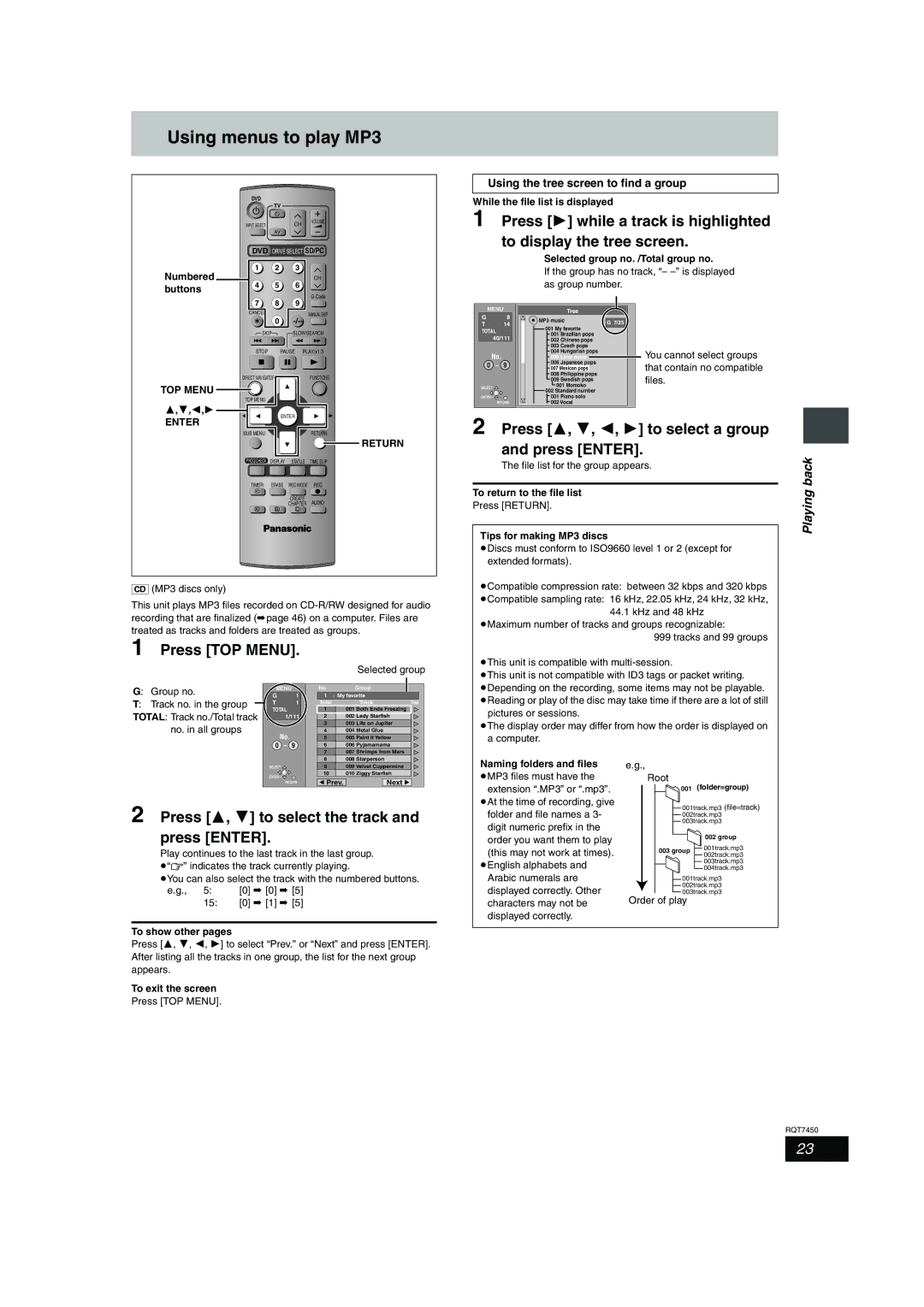 Panasonic DMR-E65 manual Using menus to play MP3, Press 3, 4, 2, 1 to select a group, Press TOP Menu 