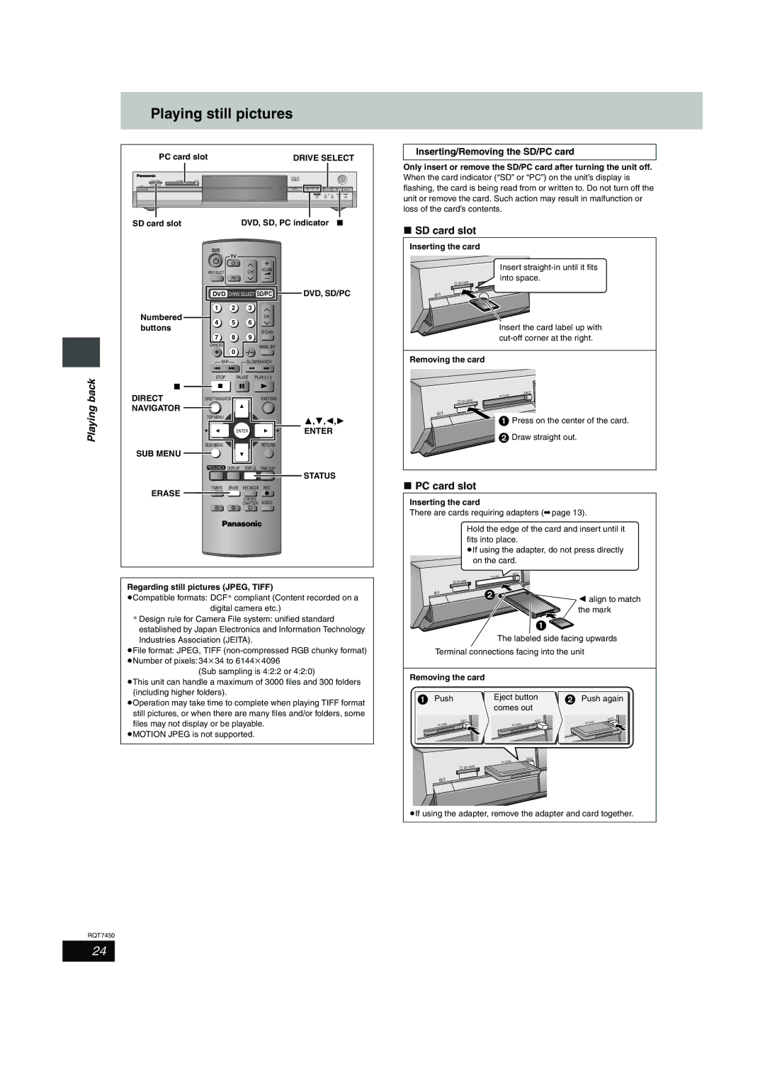 Panasonic DMR-E65 manual Playing still pictures, SD card slot, PC card slot, Inserting/Removing the SD/PC card 