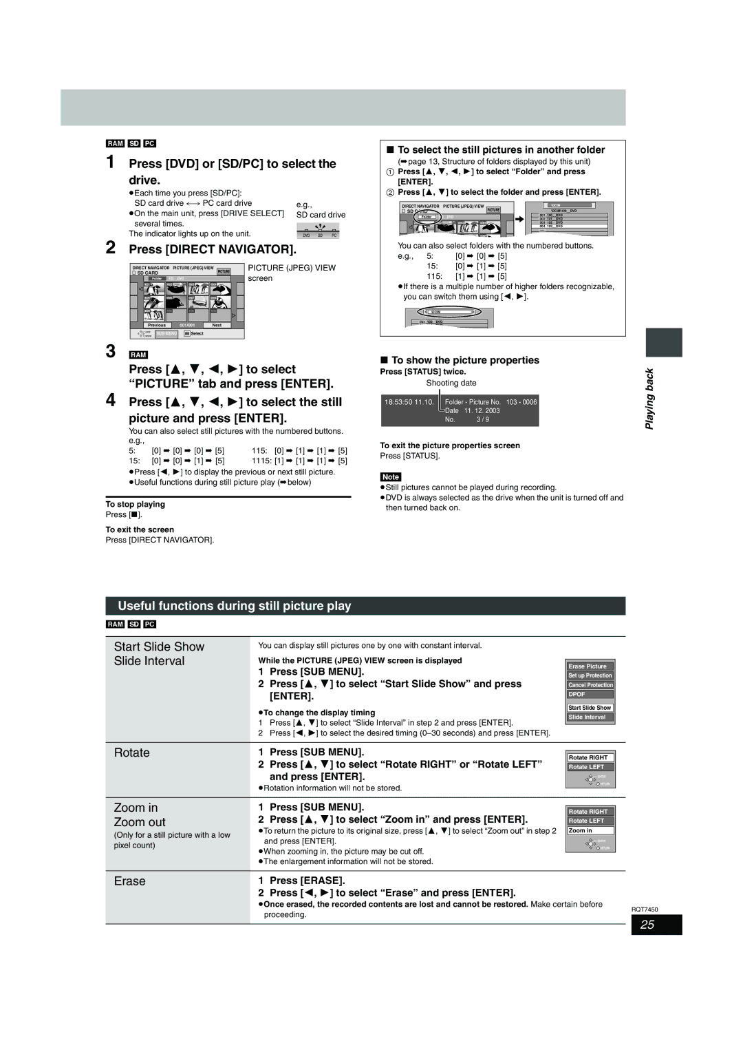 Panasonic DMR-E65 manual Press DVD or SD/PC to select the drive, Press Direct Navigator, Rotate, Erase 