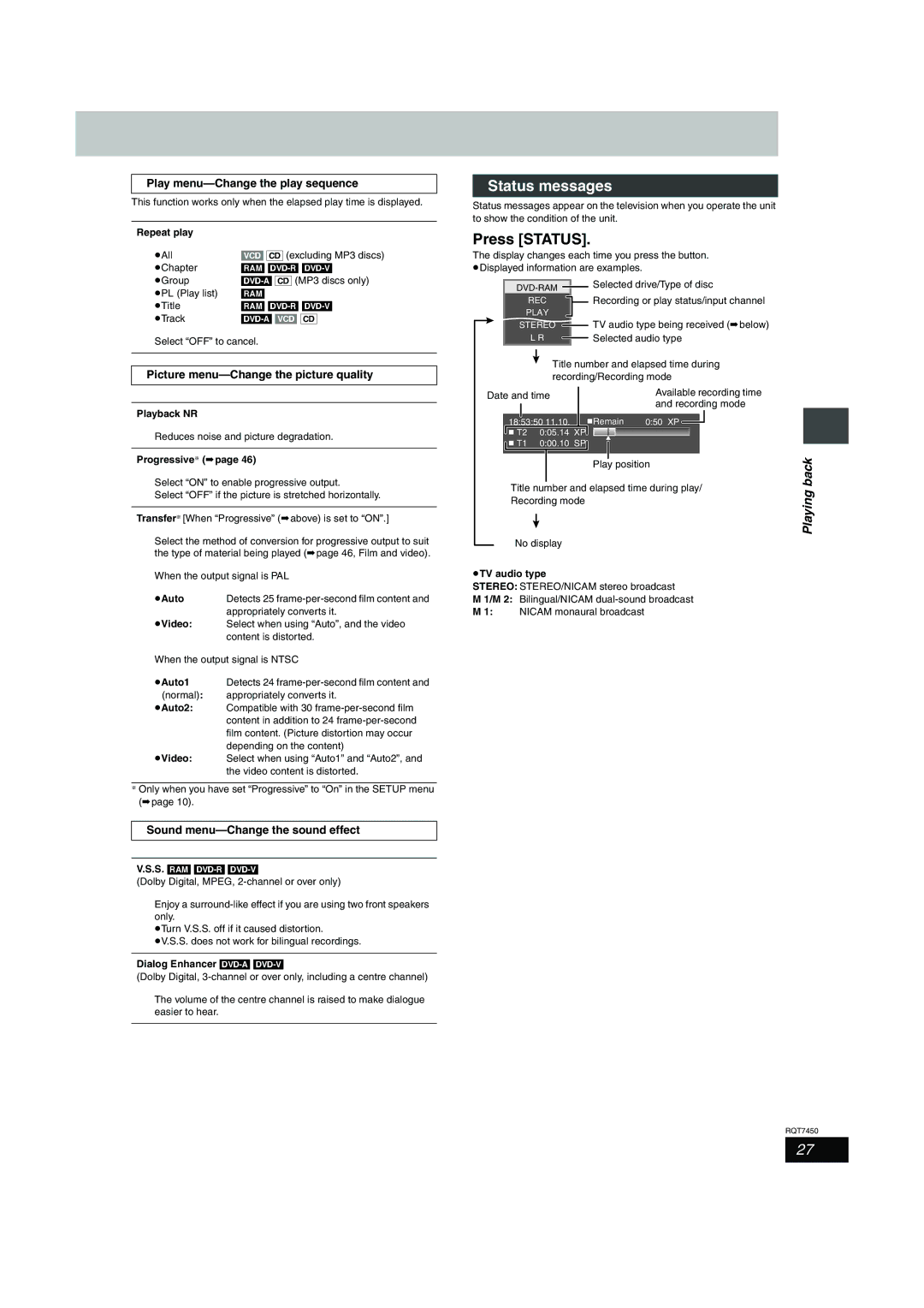 Panasonic DMR-E65 Status messages, Press Status, Play menu-Change the play sequence, Sound menu-Change the sound effect 