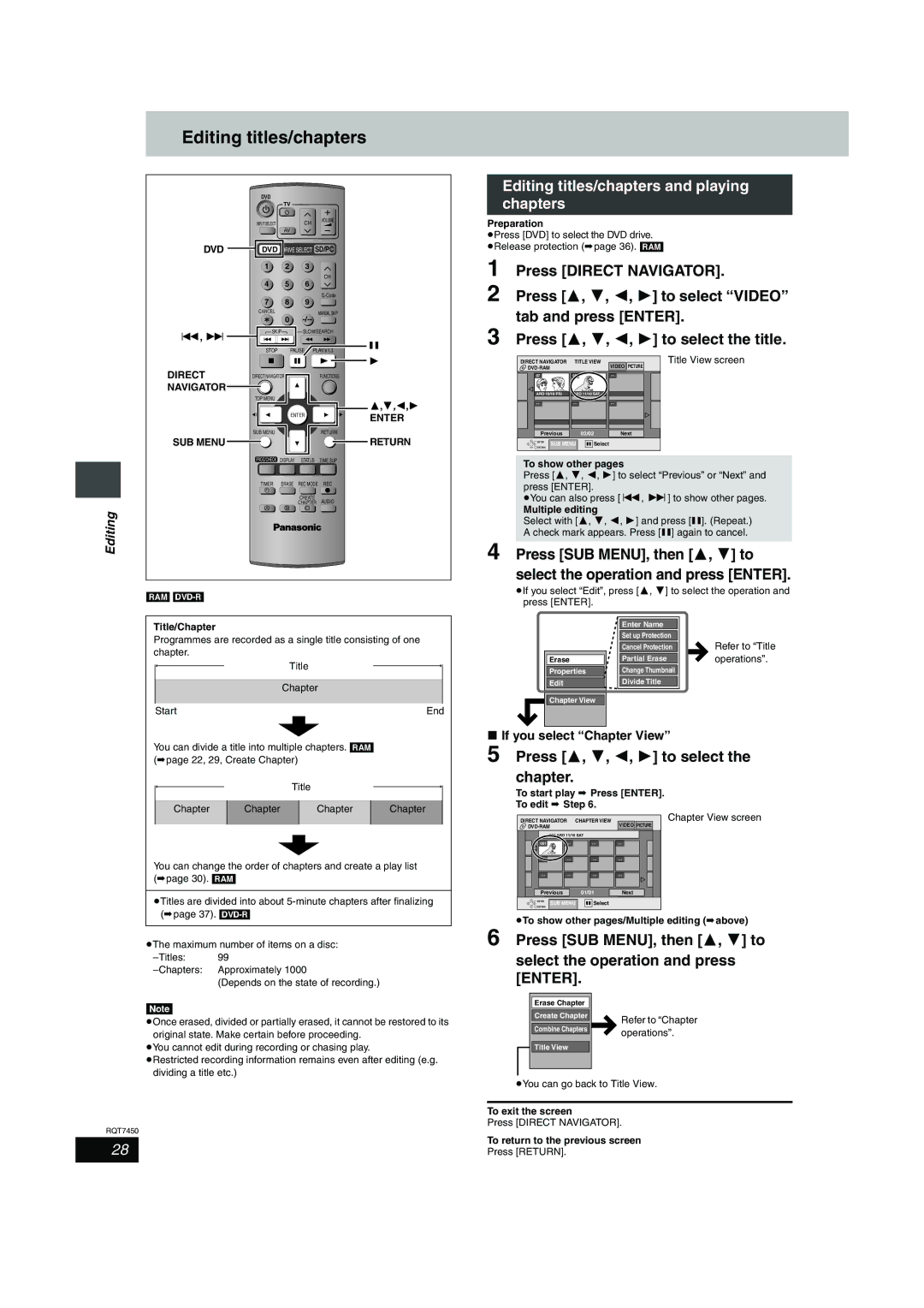 Panasonic DMR-E65 manual Editing titles/chapters and playing chapters, Press 3, 4, 2, 1 to select the chapter 