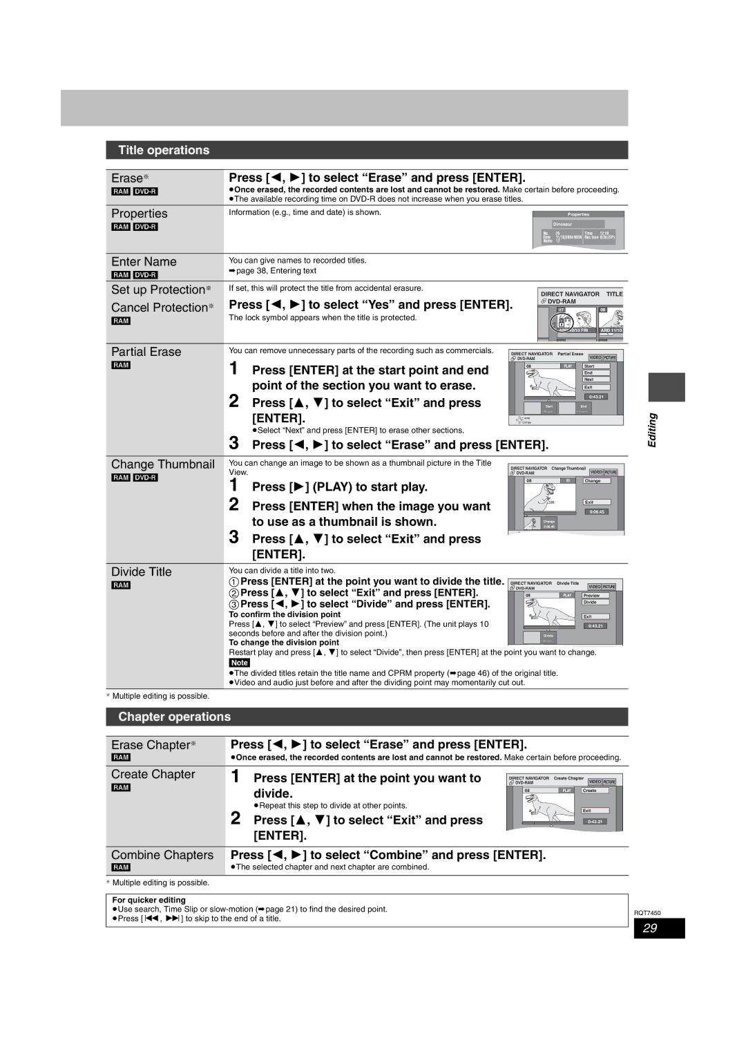 Panasonic DMR-E65 Properties, Enter Name, Set up Protection§, Cancel Protection§ Press 2, 1 to select Yes and press Enter 