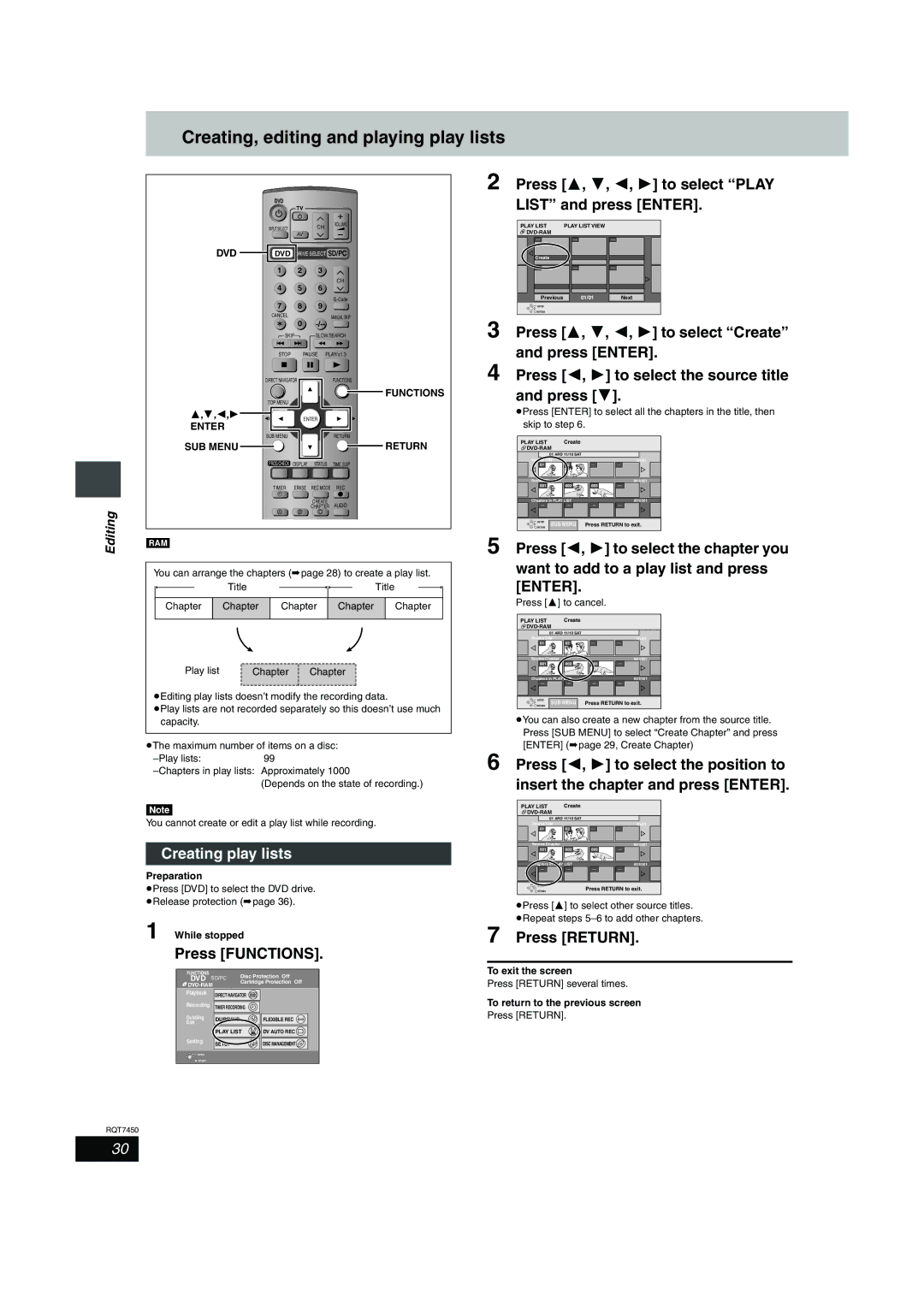 Panasonic DMR-E65 manual Creating, editing and playing play lists, Creating play lists, Press Return 