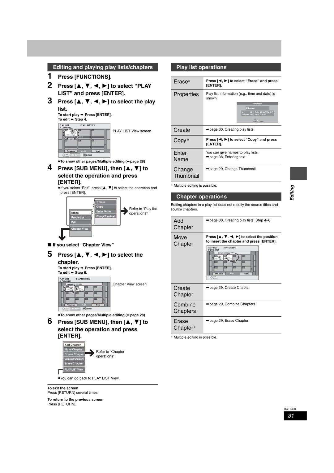 Panasonic DMR-E65 manual Editing and playing play lists/chapters, Play list operations 