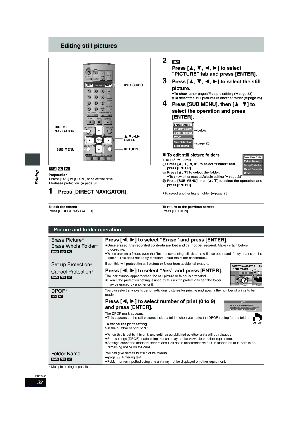 Panasonic DMR-E65 manual Editing still pictures, Picture and folder operation, Set up Protection § 