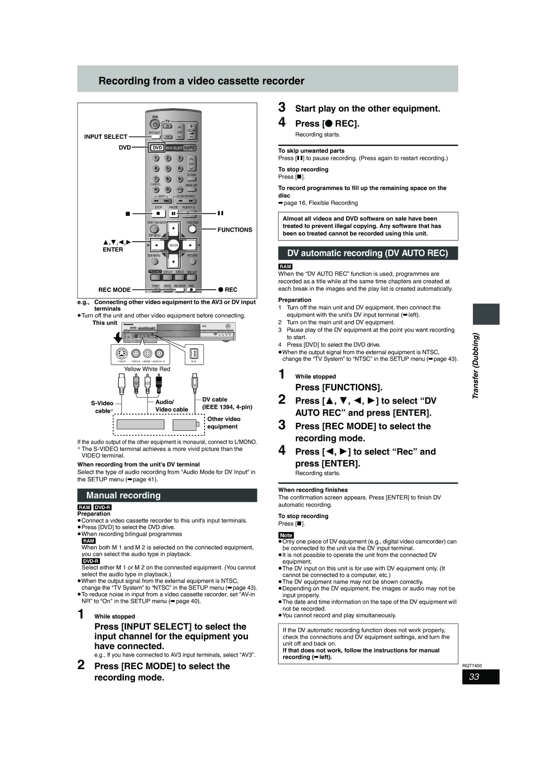 Panasonic DMR-E65 manual Recording from a video cassette recorder, Start play on the other equipment, Press ¥ REC, Dubbing 