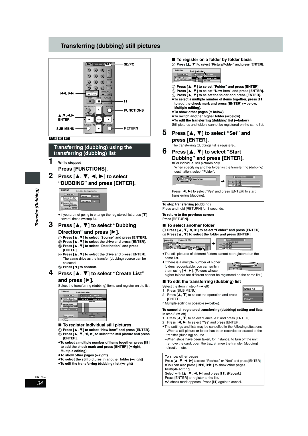 Panasonic DMR-E65 manual Transferring dubbing still pictures, Transferring dubbing using the transferring dubbing list 