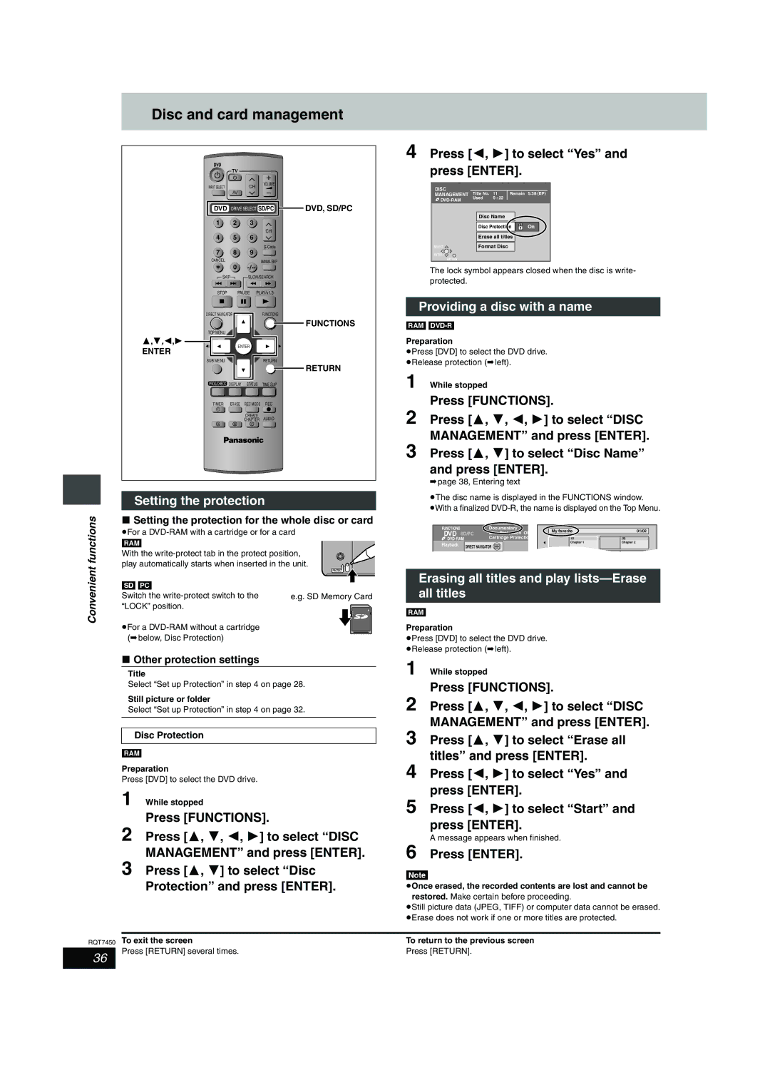 Panasonic DMR-E65 manual Disc and card management, Setting the protection, Press Functions Press 3, 4, 2, 1 to select Disc 