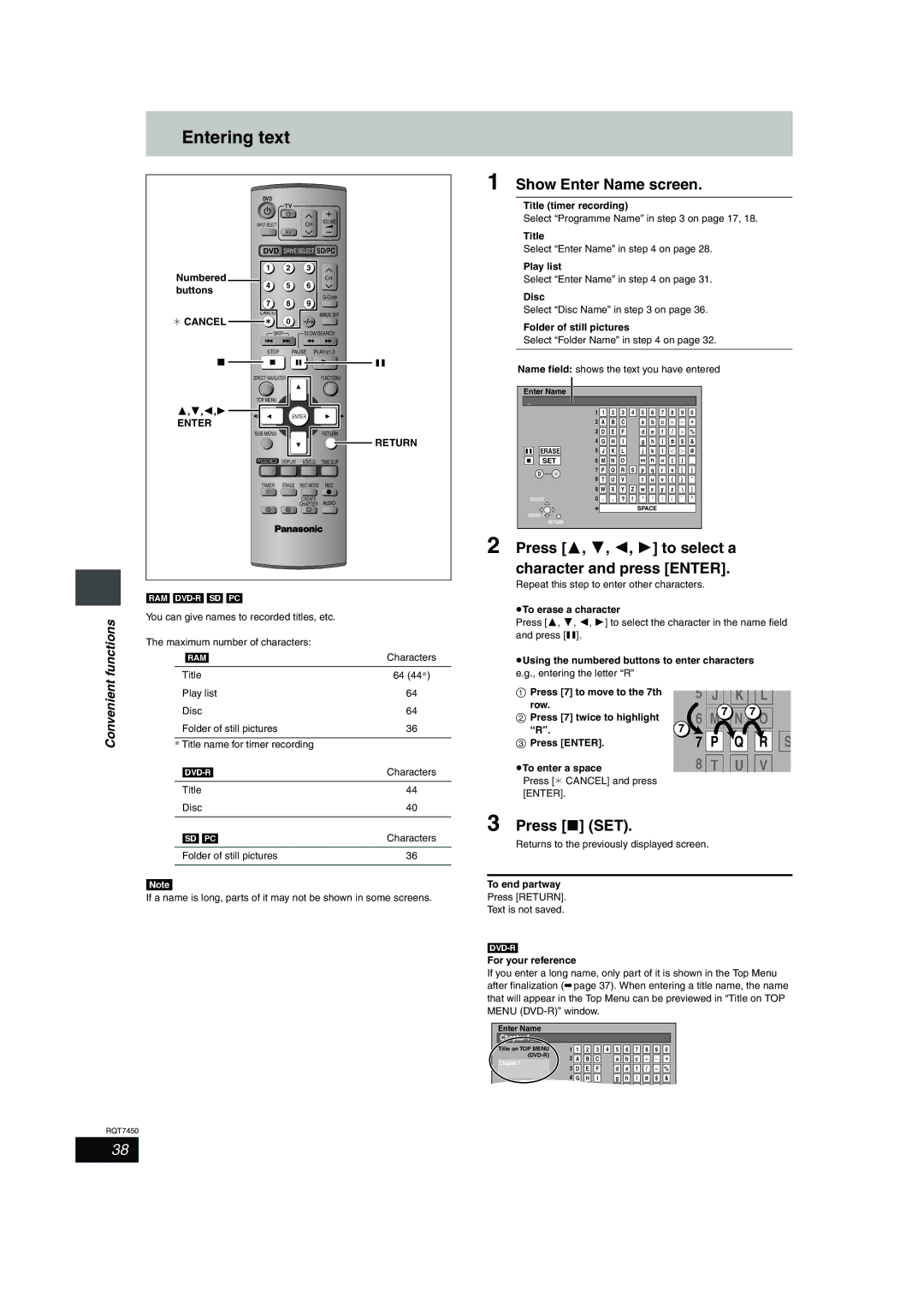 Panasonic DMR-E65 manual Entering text, Show Enter Name screen, Press 3, 4, 2, 1 to select a, Character and press Enter 