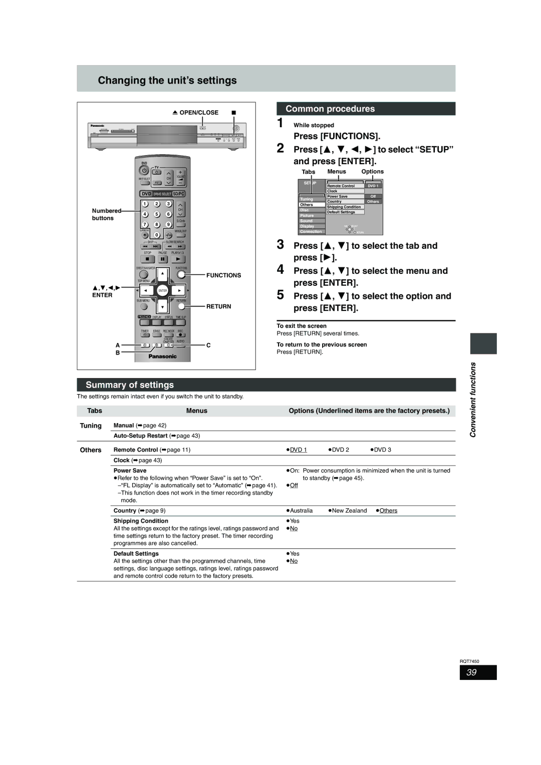 Panasonic DMR-E65 manual Changing the unit’s settings, Summary of settings, Common procedures, Functions, Others 