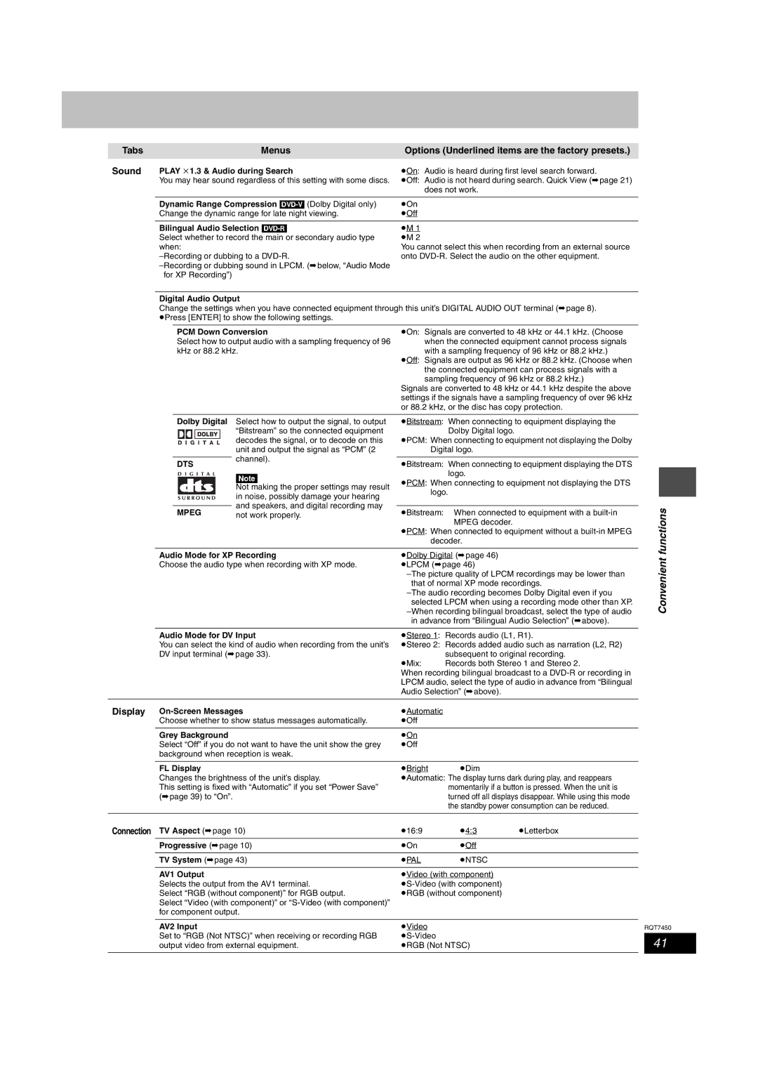 Panasonic DMR-E65 manual Convenient, Connection TV Aspect, Dts, Mpeg 