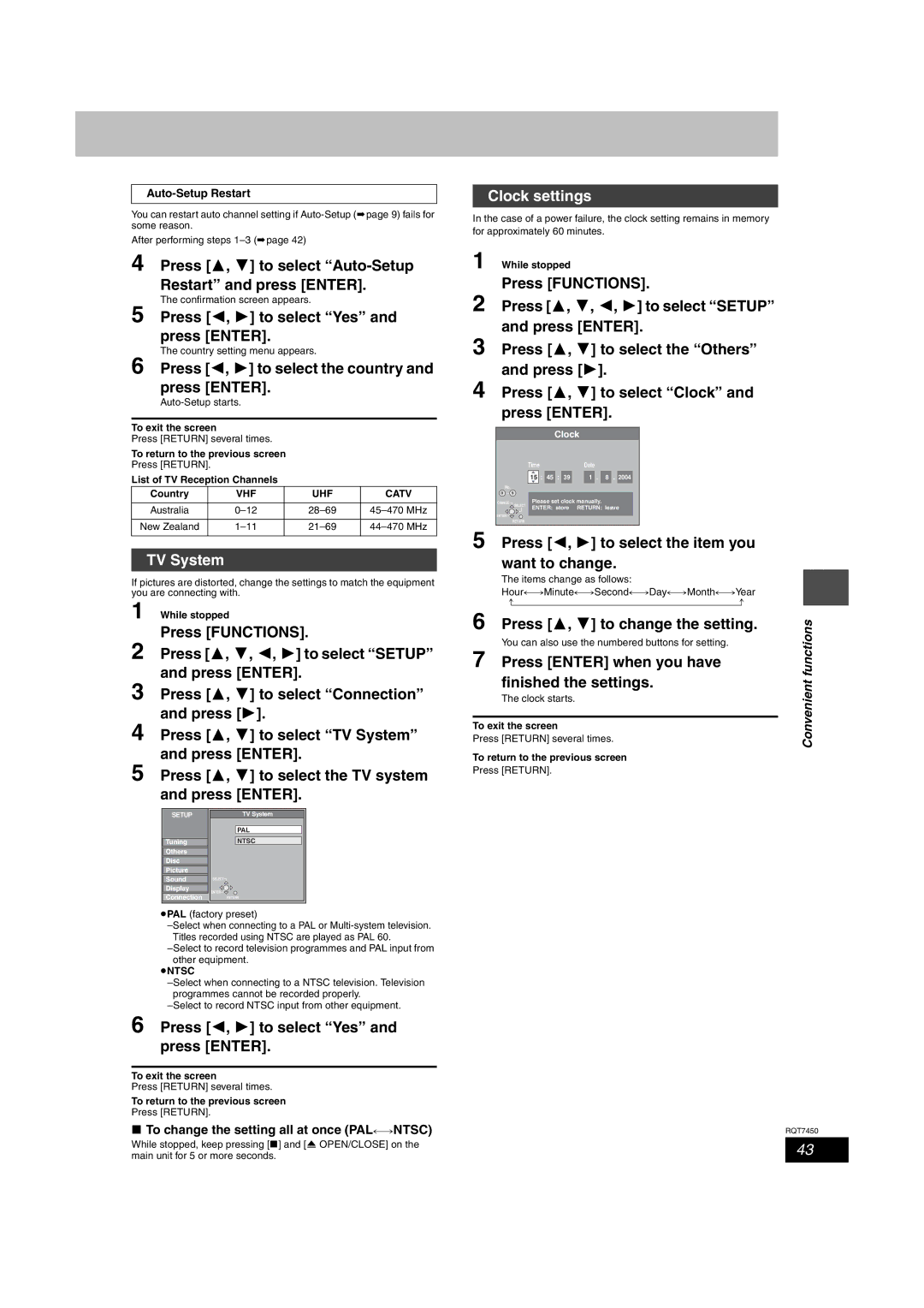 Panasonic DMR-E65 manual TV System, Clock settings 