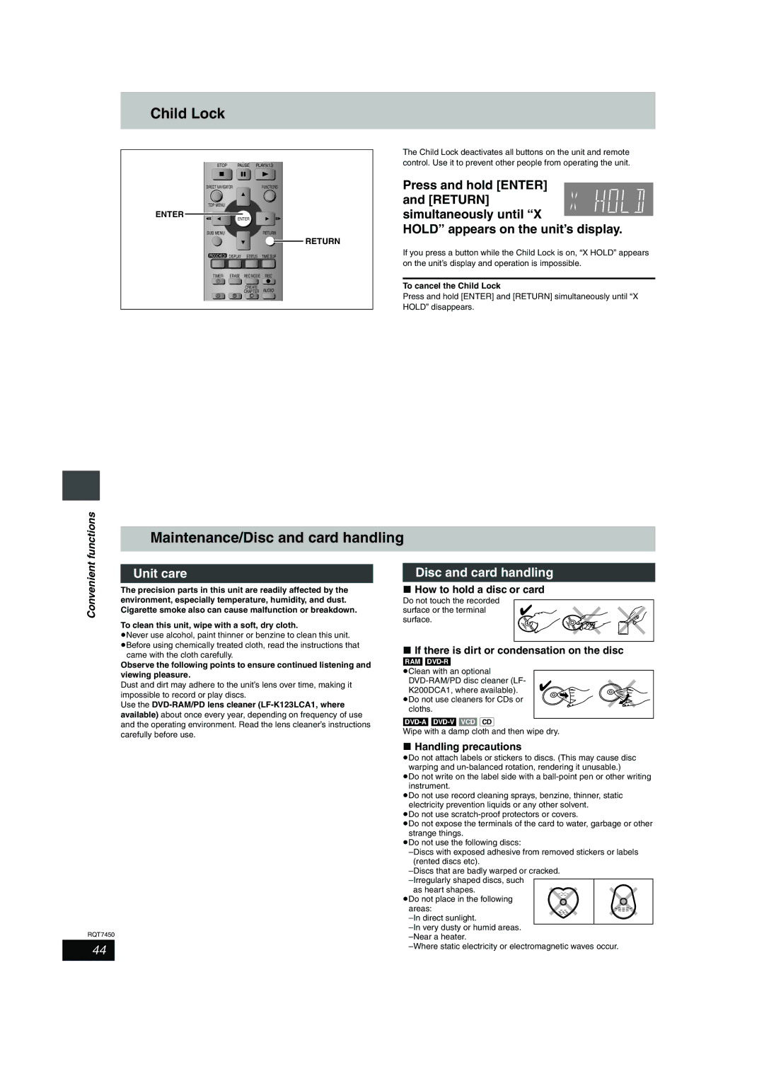 Panasonic DMR-E65 manual Child Lock, Maintenance/Disc and card handling, Unit care 