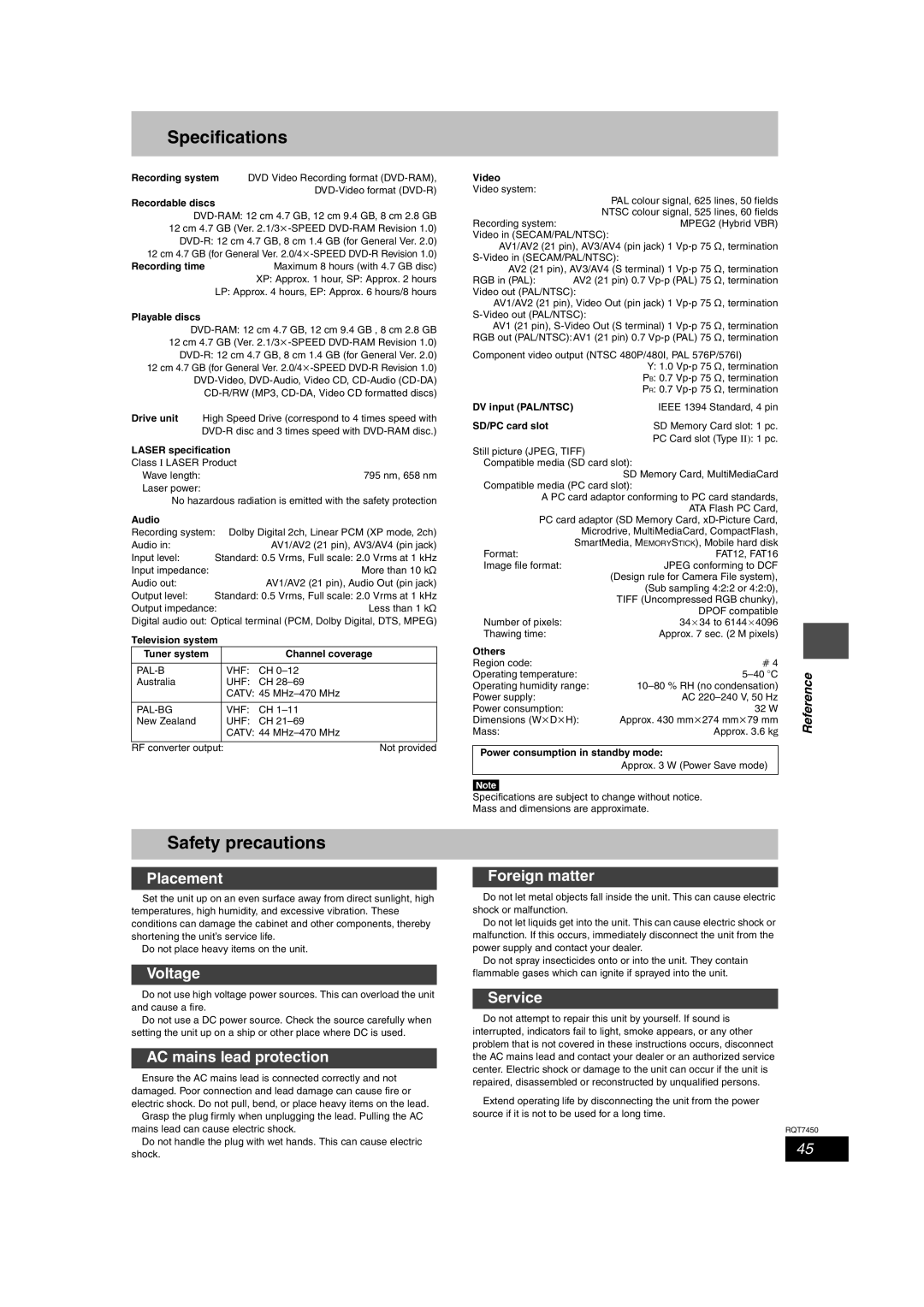 Panasonic DMR-E65 manual Specifications, Safety precautions 