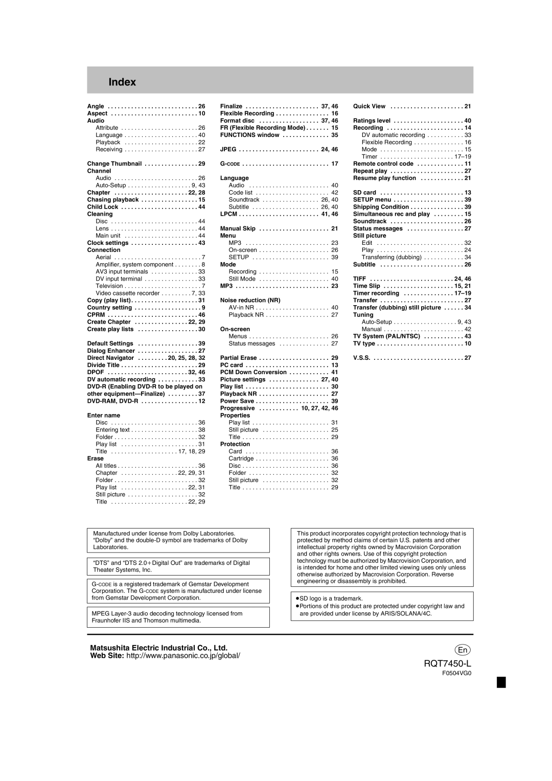 Panasonic DMR-E65 manual Index 