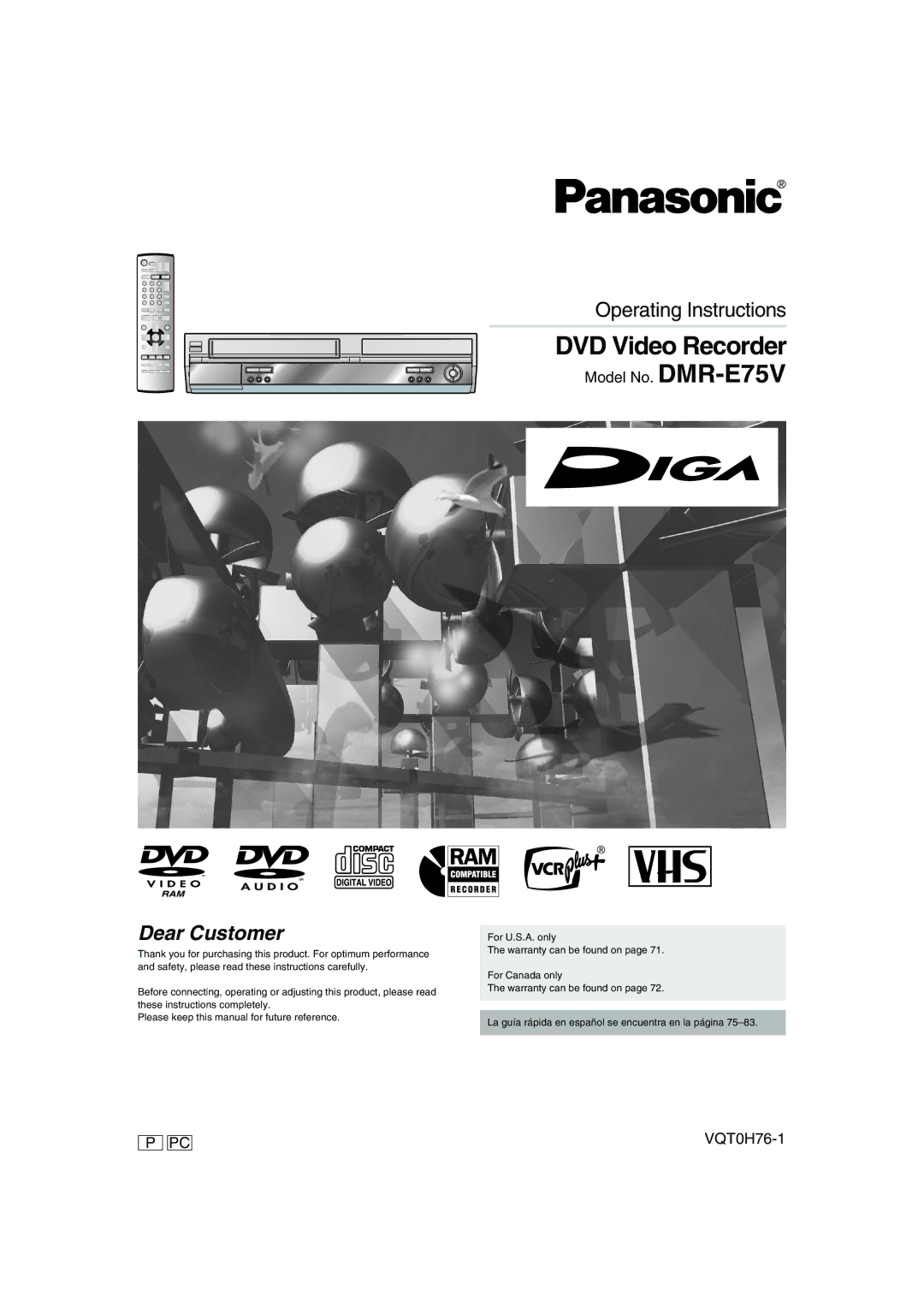 Panasonic DMR-E75V operating instructions DVD Video Recorder 