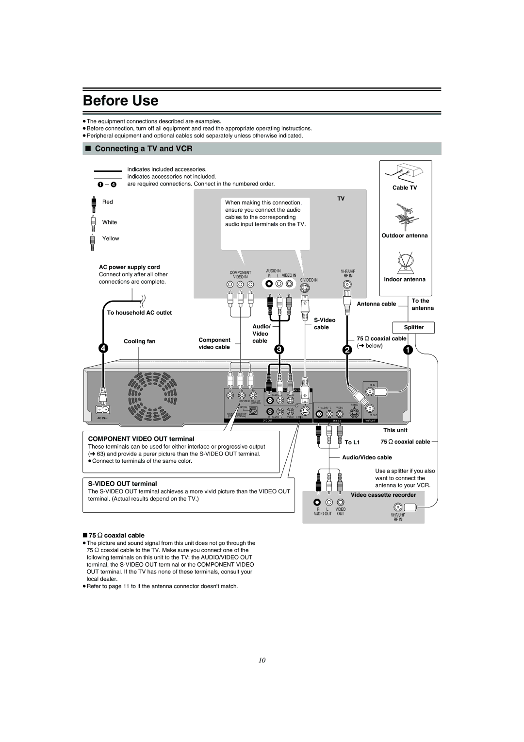 Panasonic DMR-E75V operating instructions Connecting a TV and VCR, Component Video OUT terminal, 75 ≠ coaxial cable 