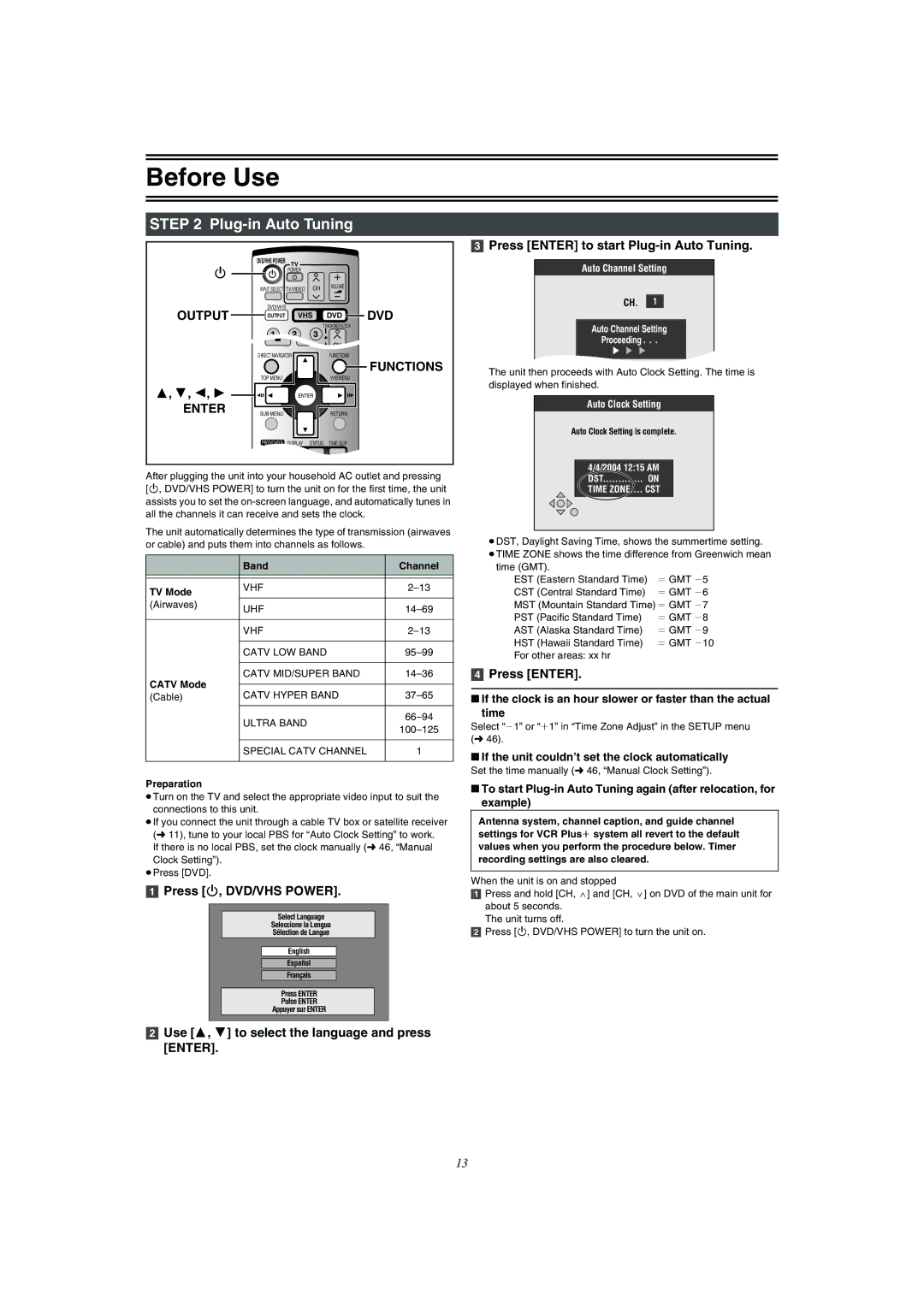 Panasonic DMR-E75V operating instructions Plug-in Auto Tuning, Output, Dvd, Functions, Enter 