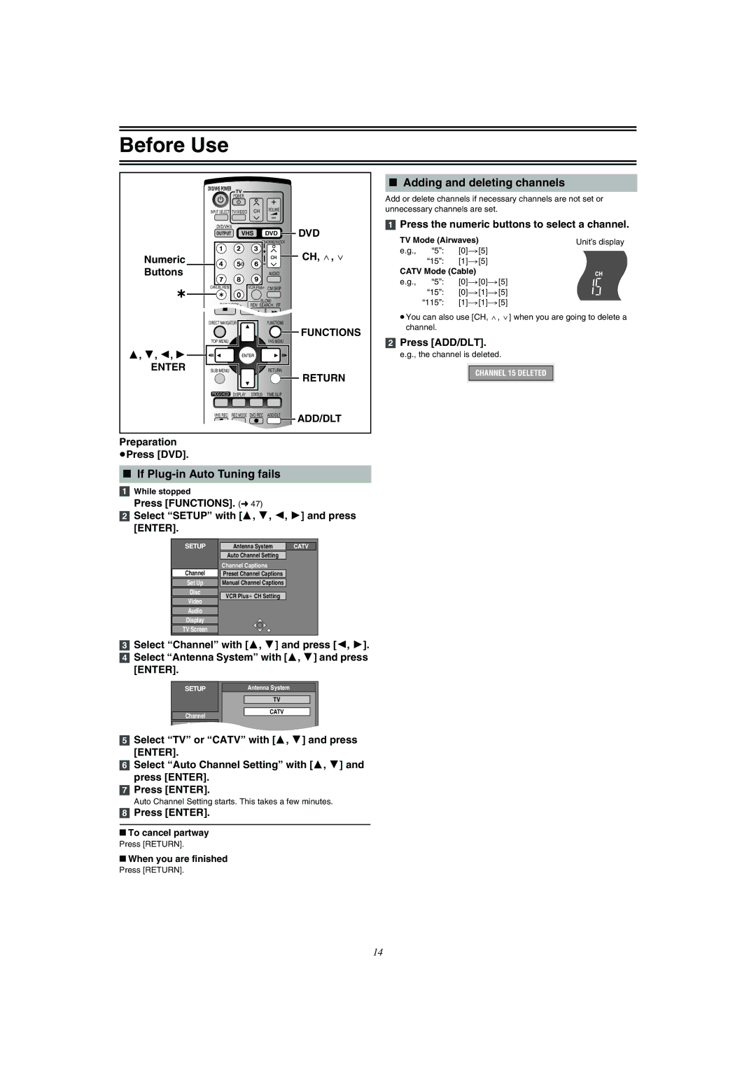 Panasonic DMR-E75V operating instructions If Plug-in Auto Tuning fails, Adding and deleting channels, Return, Add/Dlt 