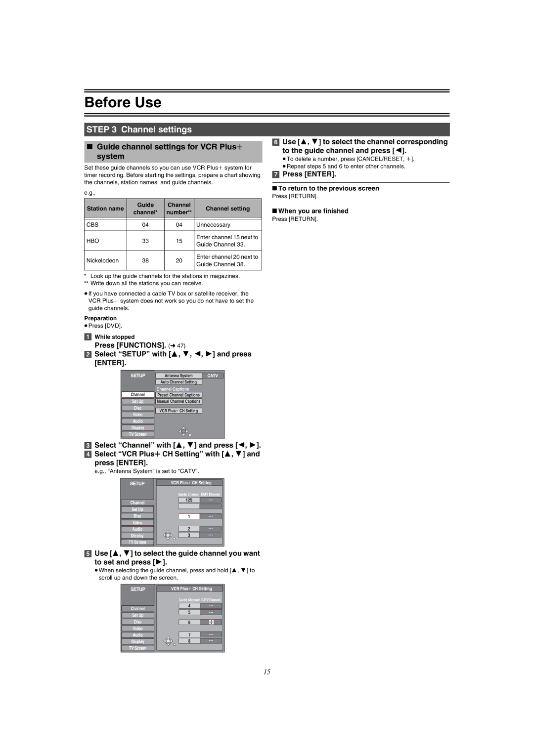 Panasonic DMR-E75V Channel settings, Guide channel settings for VCR Plusi system, To return to the previous screen 