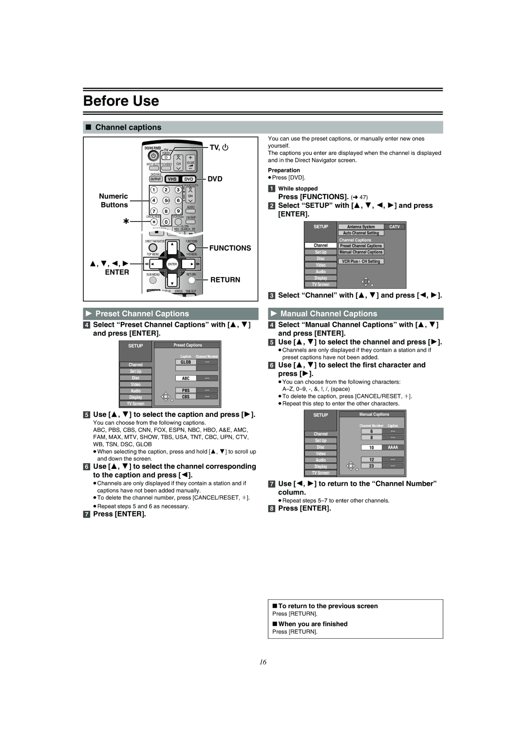 Panasonic DMR-E75V Channel captions, Preset Channel Captions, Manual Channel Captions, TV, Í DVD Functions Return 