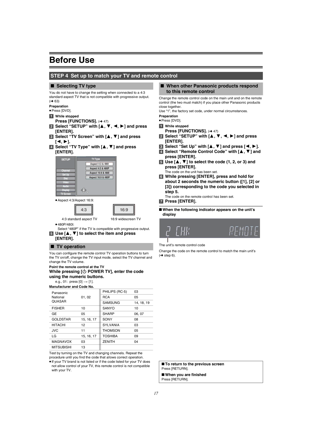 Panasonic DMR-E75V operating instructions Set up to match your TV and remote control, Selecting TV type, TV operation 