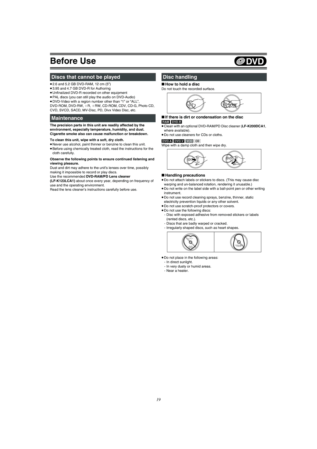 Panasonic DMR-E75V operating instructions Discs that cannot be played, Maintenance, Disc handling 