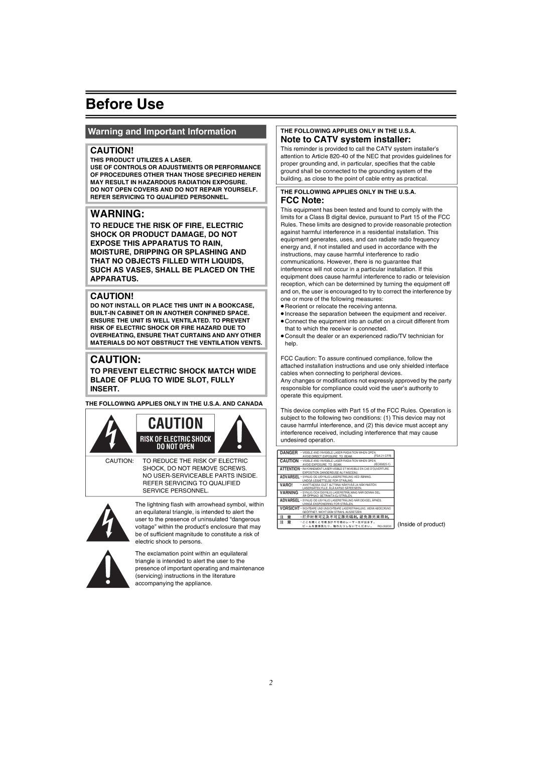 Panasonic DMR-E75V operating instructions Following Applies only in the U.S.A. and Canada, RQLS0233 Inside of product 