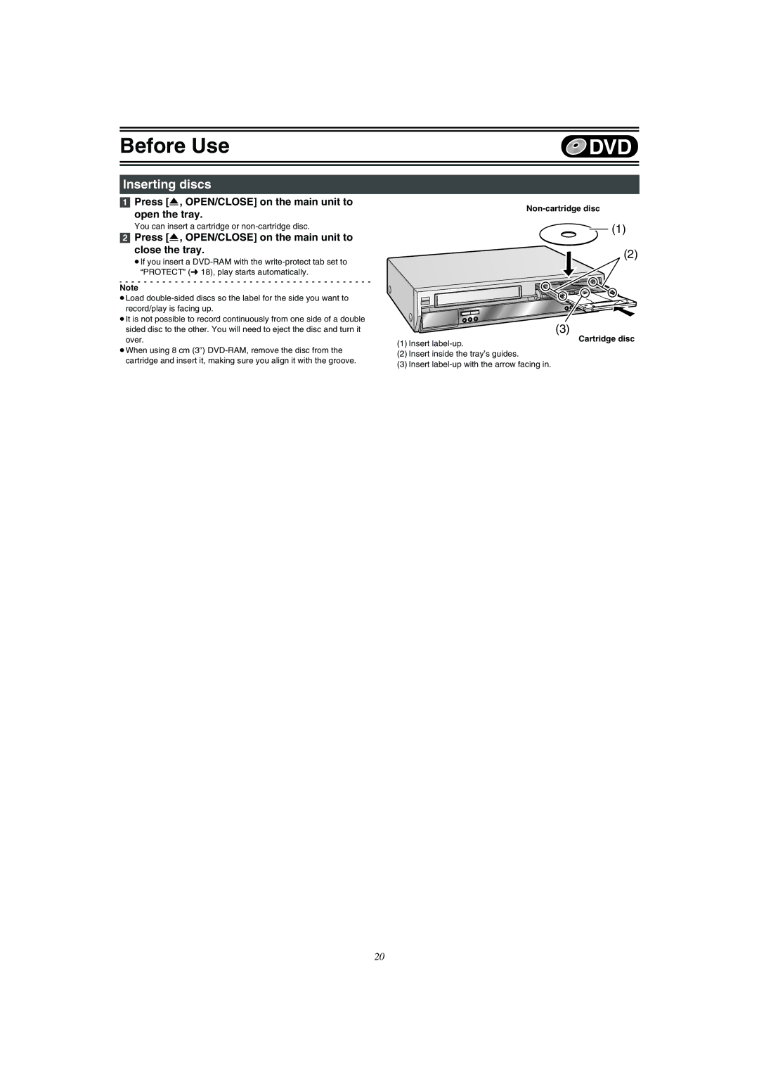 Panasonic DMR-E75V Inserting discs, Press , OPEN/CLOSE on the main unit to Open the tray, Non-cartridge disc 