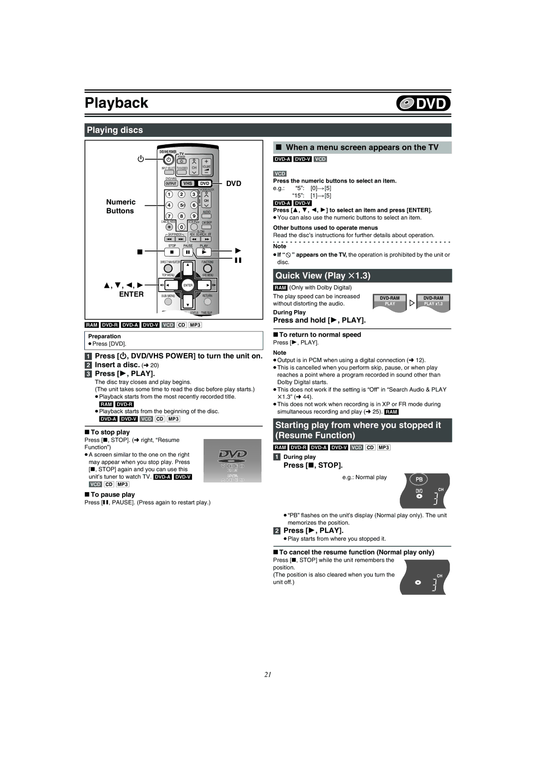 Panasonic DMR-E75V Playing discs, Quick View Play t1.3, Starting play from where you stopped it Resume Function 