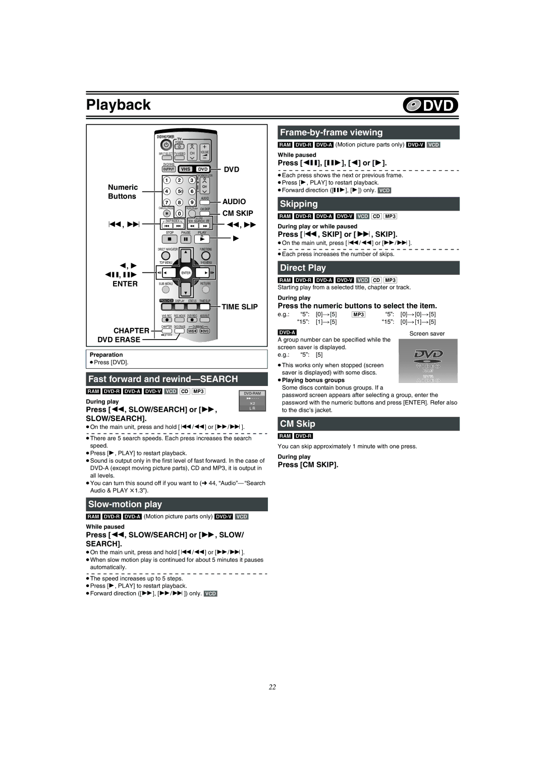 Panasonic DMR-E75V Frame-by-frame viewing, Skipping, Direct Play, Fast forward and rewind-SEARCH, Slow-motion play 