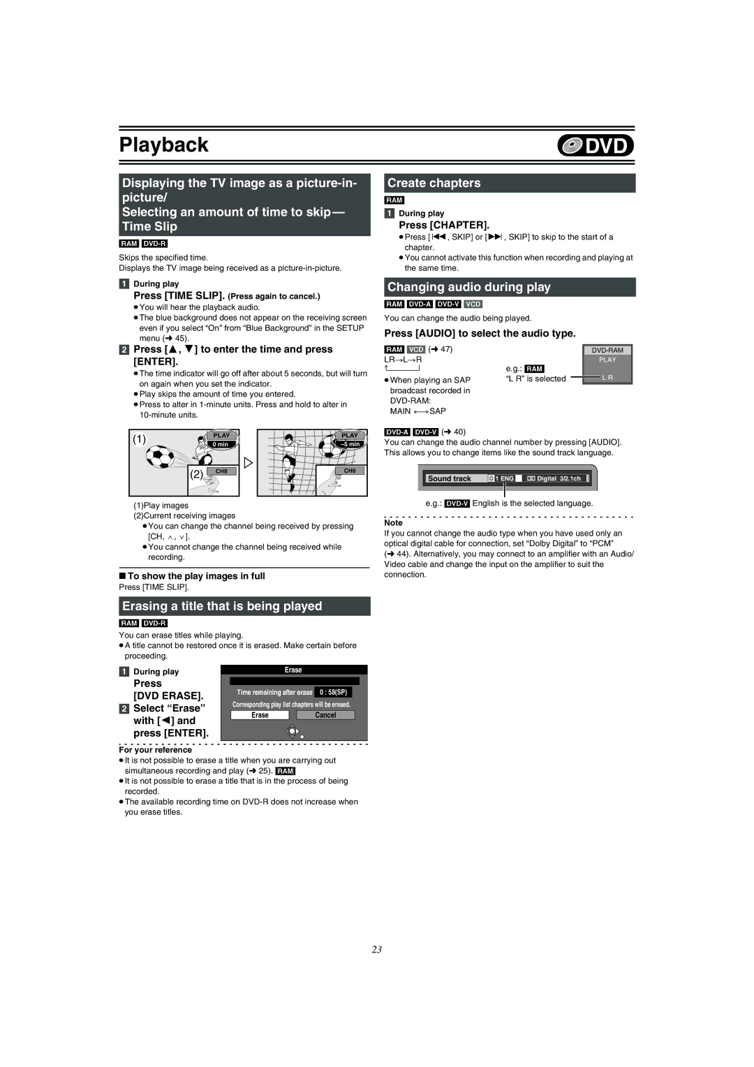 Panasonic DMR-E75V operating instructions Erasing a title that is being played, Create chapters, Changing audio during play 