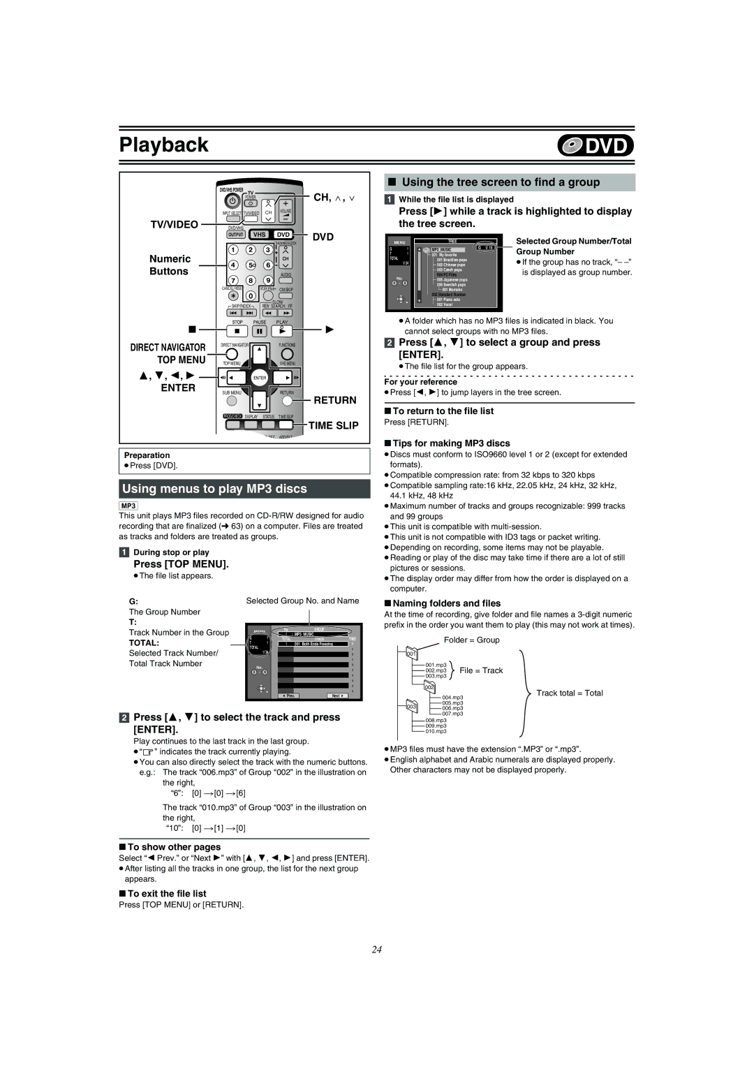 Panasonic DMR-E75V operating instructions Using menus to play MP3 discs, Using the tree screen to find a group, Tv/Video 