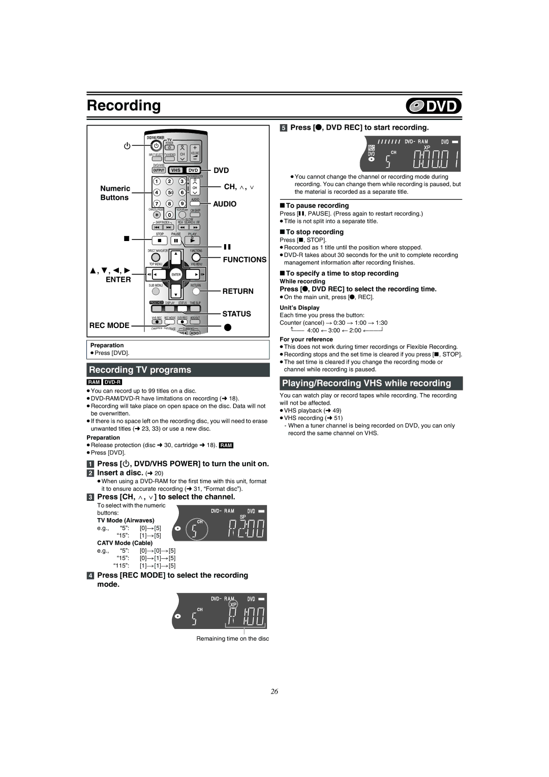 Panasonic DMR-E75V Recording TV programs, Playing/Recording VHS while recording, Functions Return, Status, REC Mode 