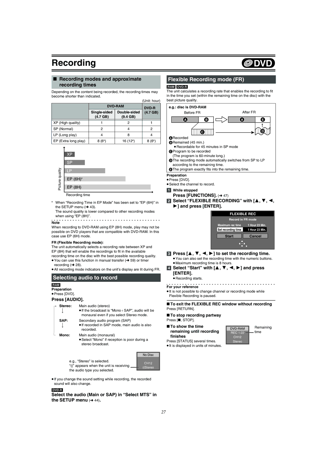 Panasonic DMR-E75V Selecting audio to record, Flexible Recording mode FR, Recording modes and approximate recording times 