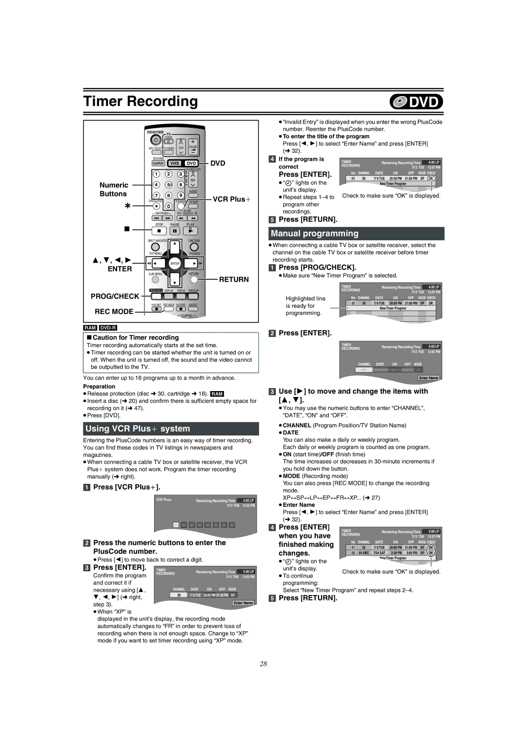 Panasonic DMR-E75V operating instructions Manual programming, Using VCR Plus system, Prog/Check 