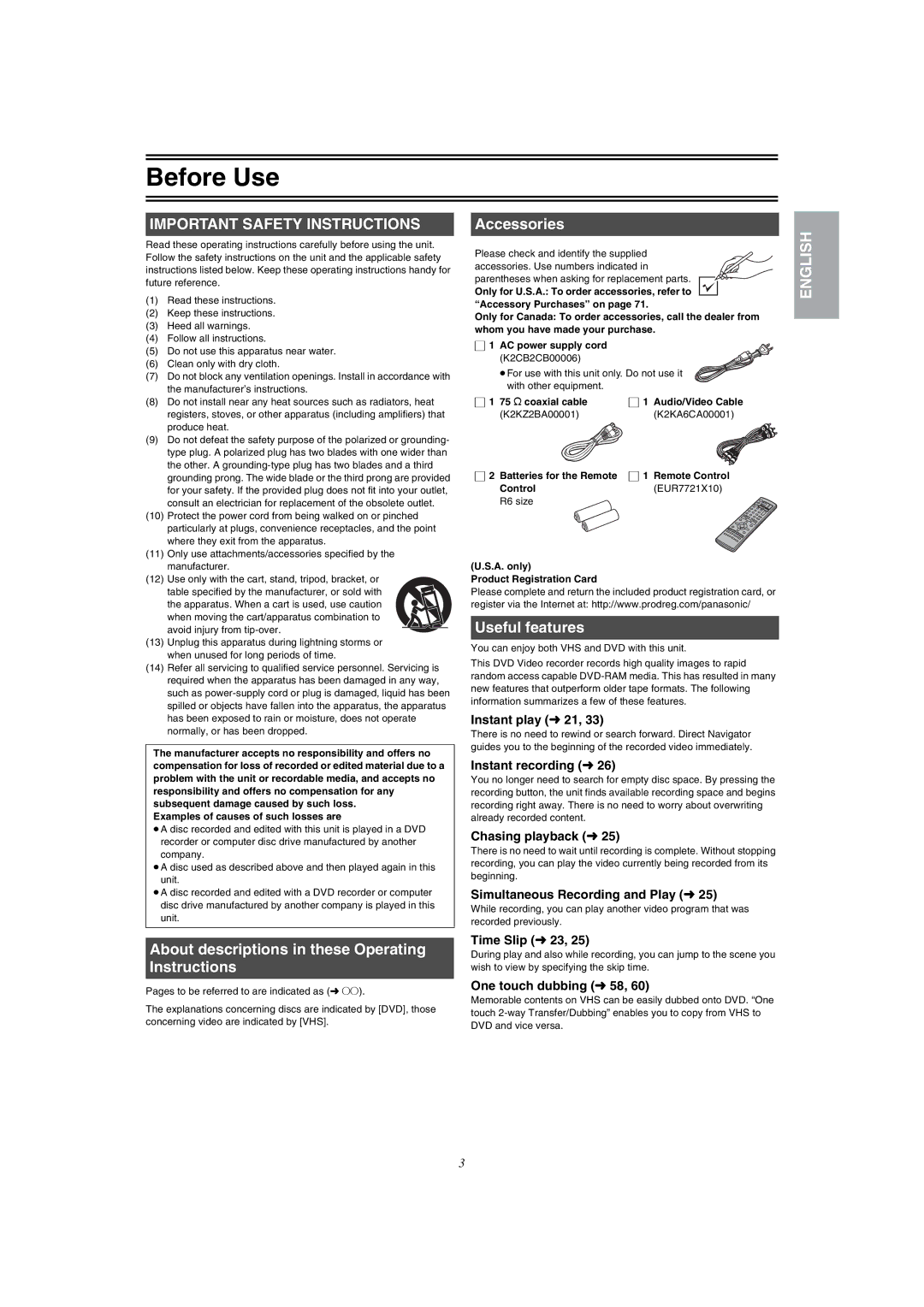 Panasonic DMR-E75V operating instructions Accessories, Useful features, About descriptions in these Operating, Instructions 