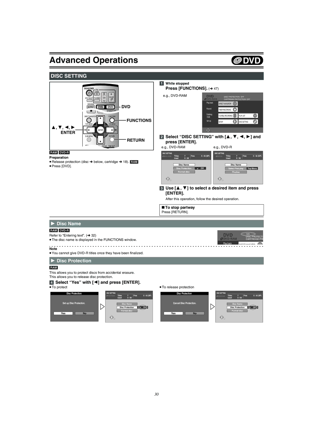 Panasonic DMR-E75V operating instructions Disc Name, Disc Protection 