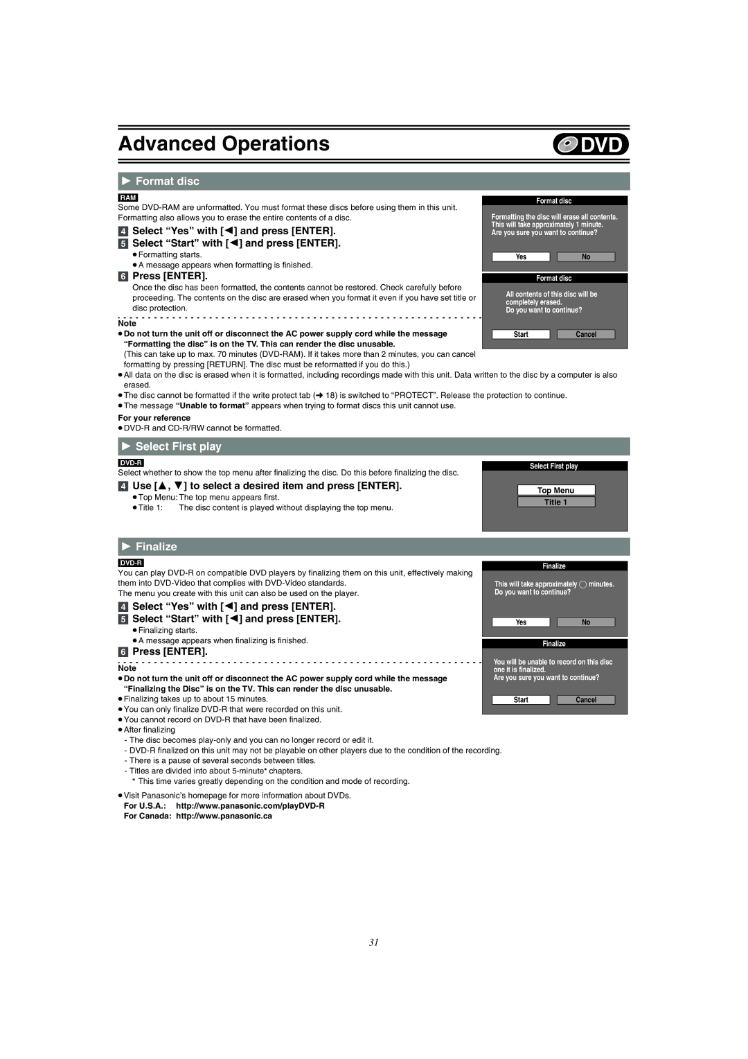 Panasonic DMR-E75V operating instructions Format disc, Select First play, Finalize, ≥DVD-R and CD-R/RW cannot be formatted 