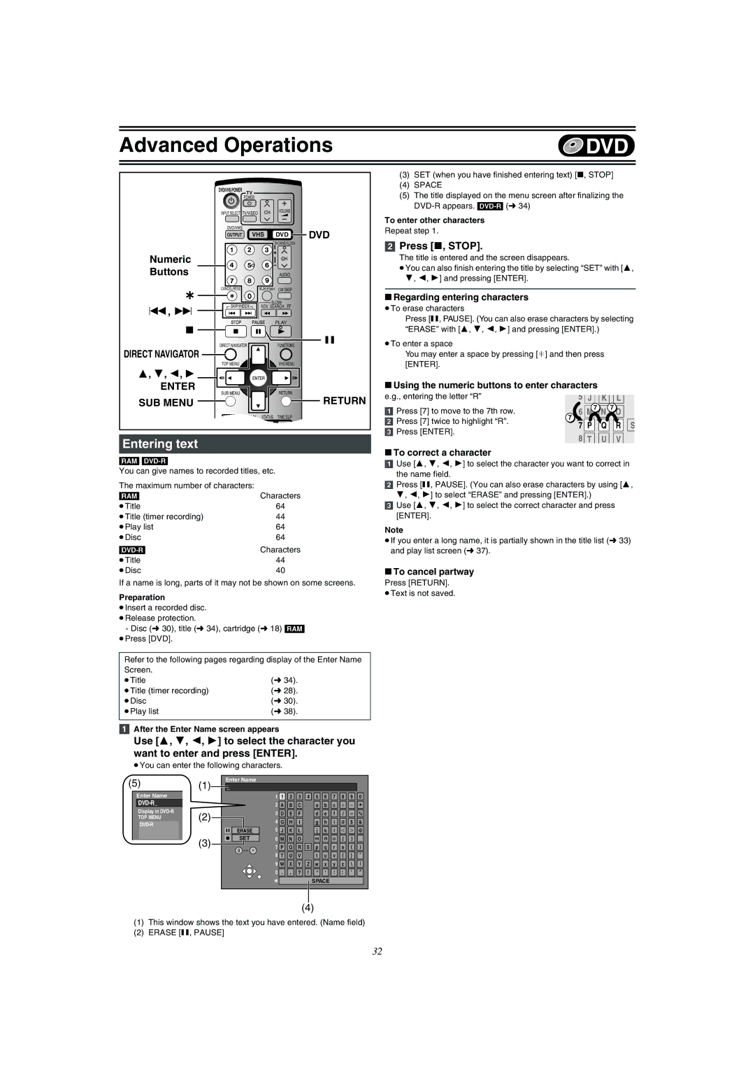 Panasonic DMR-E75V operating instructions Entering text, Direct Navigator, SUB Menu 