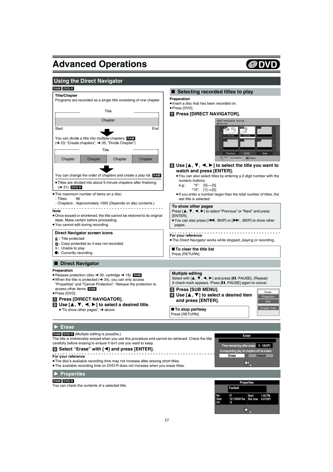 Panasonic DMR-E75V operating instructions Using the Direct Navigator, Selecting recorded titles to play, Erase, Properties 