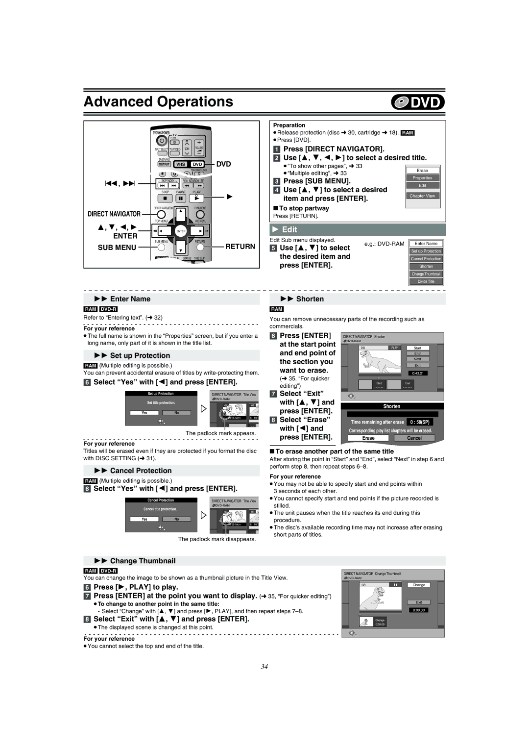 Panasonic DMR-E75V operating instructions Edit, Enter SUB Menu 