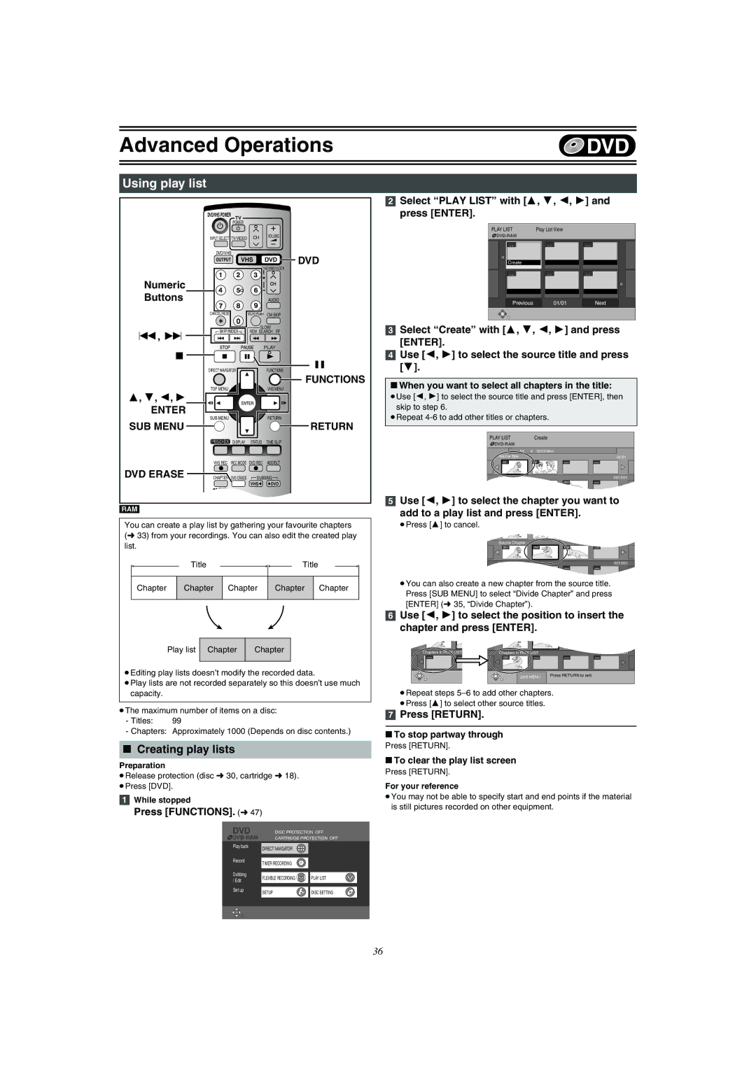 Panasonic DMR-E75V Using play list, Creating play lists, Enter SUB Menu DVD Erase, DVD Functions Return 