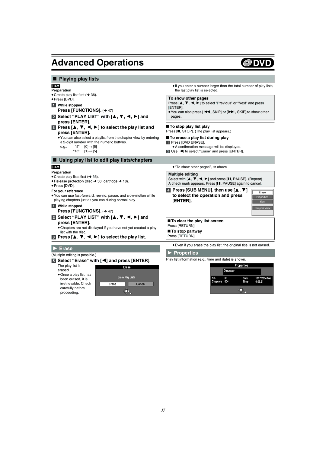 Panasonic DMR-E75V Playing play lists, Using play list to edit play lists/chapters, Press SUB MENU, then use 3 