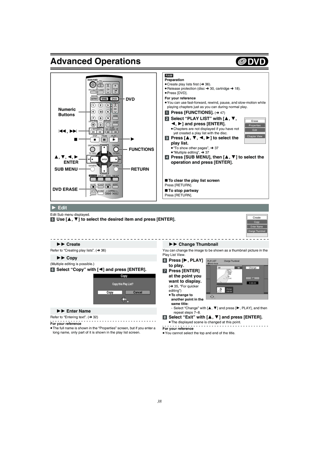 Panasonic DMR-E75V Press FUNCTIONS. l Select Play List with 3, Press 3, 4, 2, 1 to select, Play list, Create 