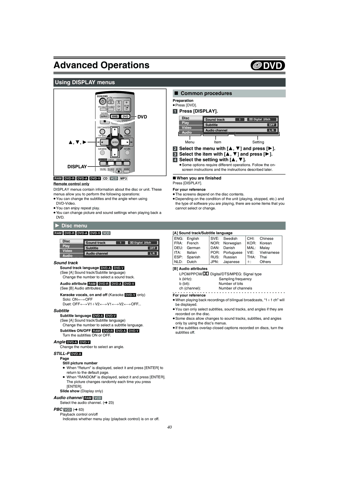 Panasonic DMR-E75V operating instructions Using Display menus, Disc menu, Common procedures, Press Display 