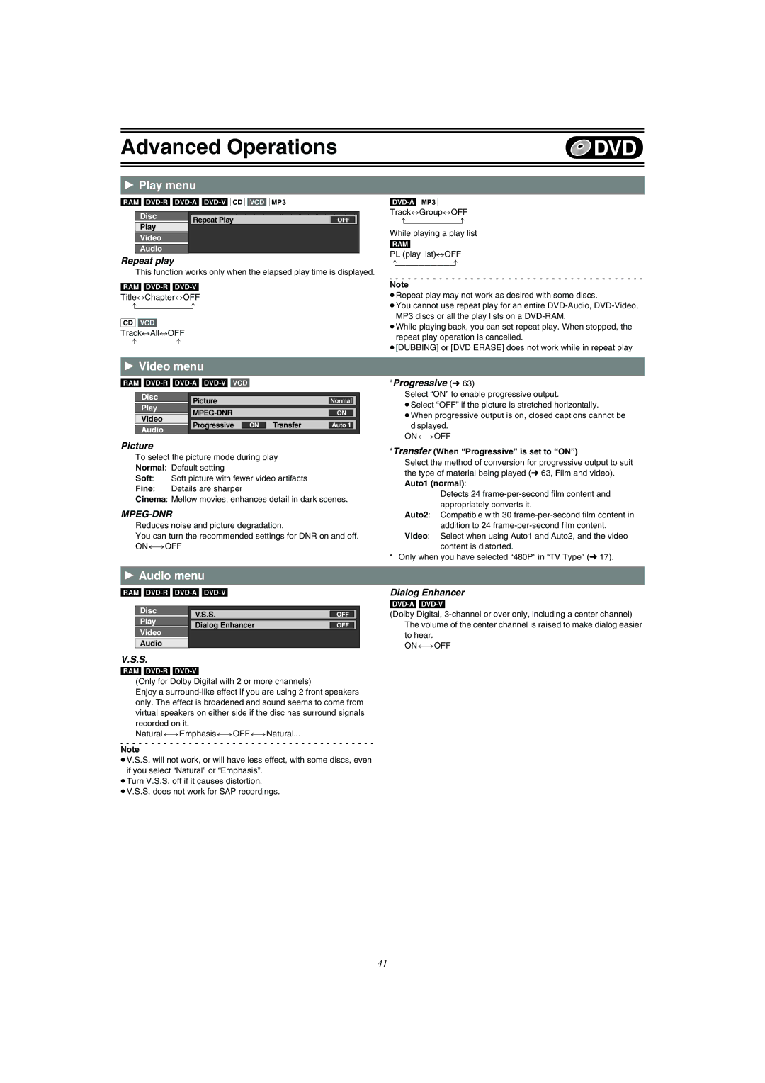 Panasonic DMR-E75V operating instructions Play menu, Video menu, Audio menu, Transfer When Progressive is set to on 