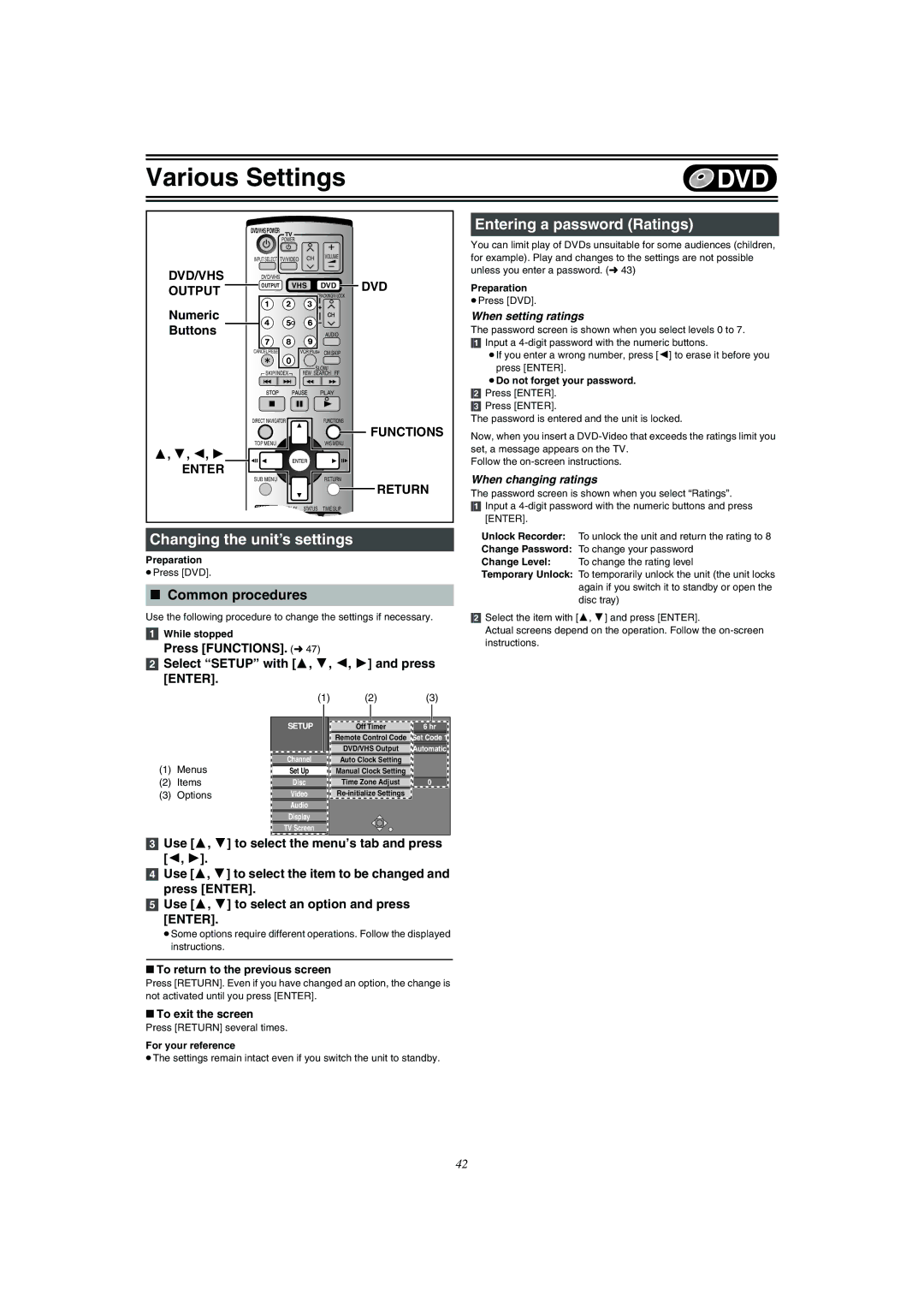 Panasonic DMR-E75V Changing the unit’s settings, Entering a password Ratings, Dvd/Vhs, To exit the screen 